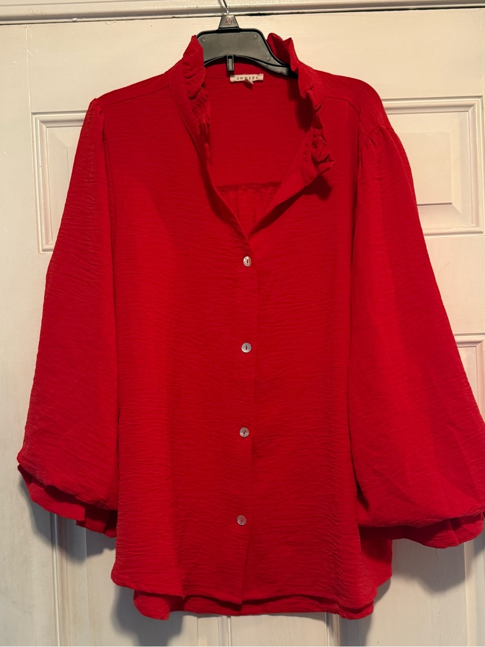 JODIFL Red Ruffle-Collar Button-Down Blouse